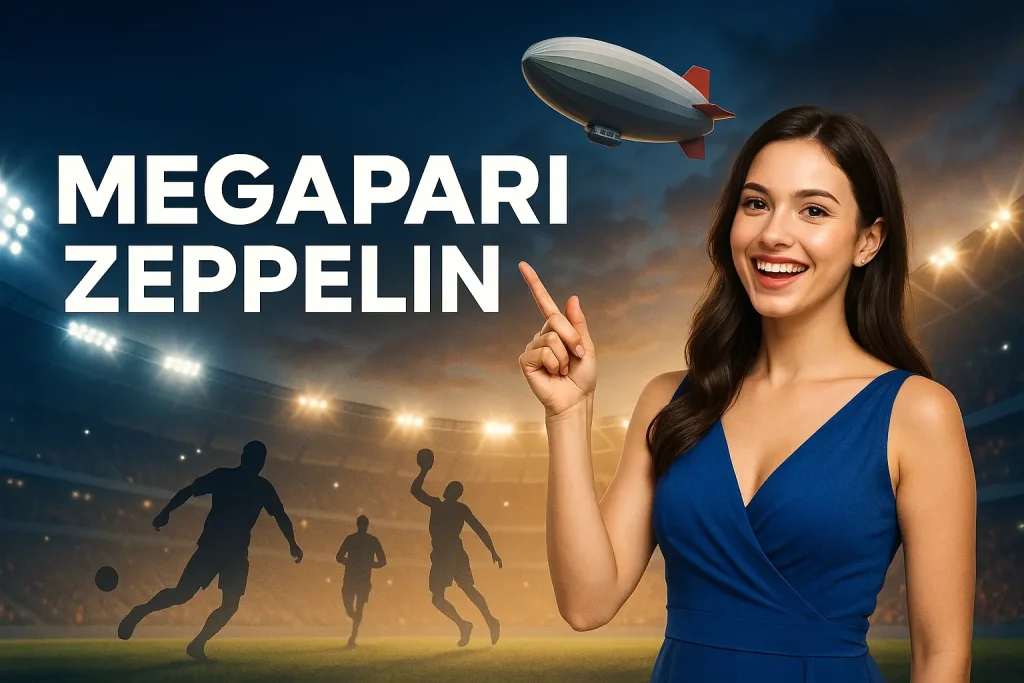 Megapari Zeppelin oyununu temsil eden bir dijital illüstrasyon – yükselen zeplin, çarpanlar ve para simgeleriyle adrenalin dolu bir crash oyun deneyimi vurgulanıyor